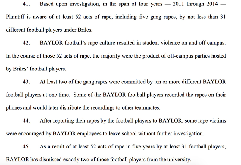 Illustration for article titled Lawsuit: Baylor Football Players Committed 52 Rapes In Four Years Under Art Briles